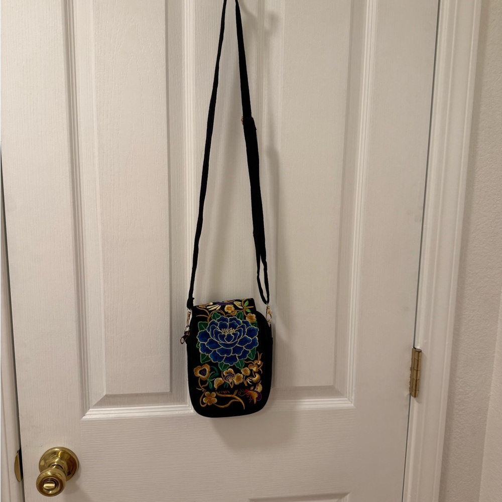 Black Floral Embroidered Crossbody Bag
